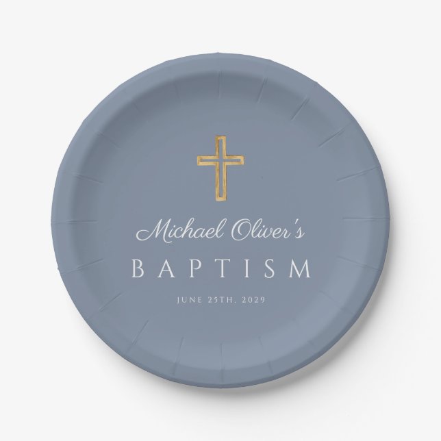 Prato De Papel Elegante Cruz Religiosa Dusty Blue Boy Baptism (Frente)