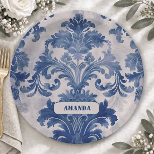 Prato De Papel Elegante damasco Azul toile de jouy monograma