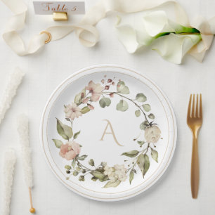 Prato De Papel Elegante de Casamento de Monograma Botânico Flora