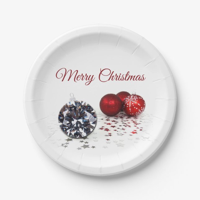 Prato De Papel Elegante Diamante e Enfeites de natal Vermelhos (Frente)