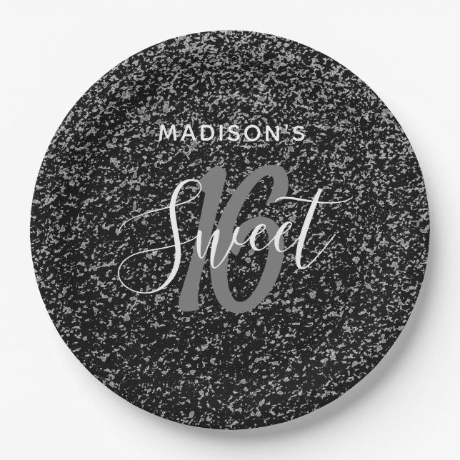 Prato De Papel Elegante Doce 16 Speck Prateados Pretos Personaliz (Frente)