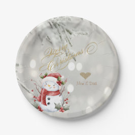 Prato De Papel Elegante Dourado Glitter Heart Snowman