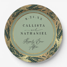 Prato De Papel Elegante Dourado Sage Green Greenery deixa casamen