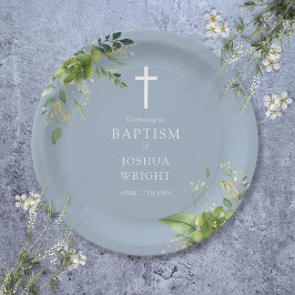 Prato De Papel Elegante Dusty Blue Greenery Baptism Christening