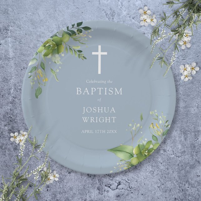 Prato De Papel Elegante Dusty Blue Greenery Baptism Christening (Elegant Dusty Blue Greenery Baptism Christening Paper Plates)
