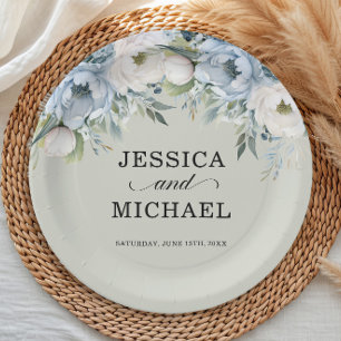 Prato De Papel Elegante Dusty Blue Ivory Floral Sage Verde