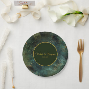 Prato De Papel Elegante Emerald Green e Dourado Papo de Casamento