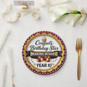 Prato De Papel Elegante Estrela de Aniversário Pessoal Marrom com
