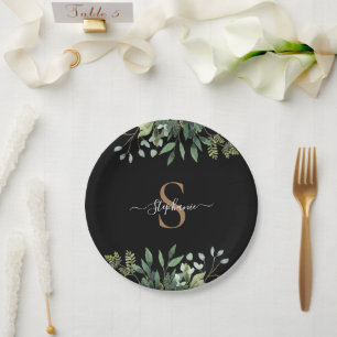 Prato De Papel Elegante Eucalipto Botânico Monograma Dourado Scri
