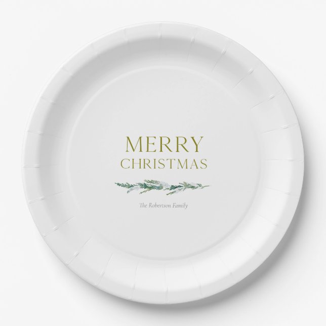 Prato De Papel Elegante Evergreen de Natal Personalizado  (Frente)