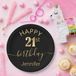 Prato De Papel elegante feliz aniversário 21º dourado preto minim