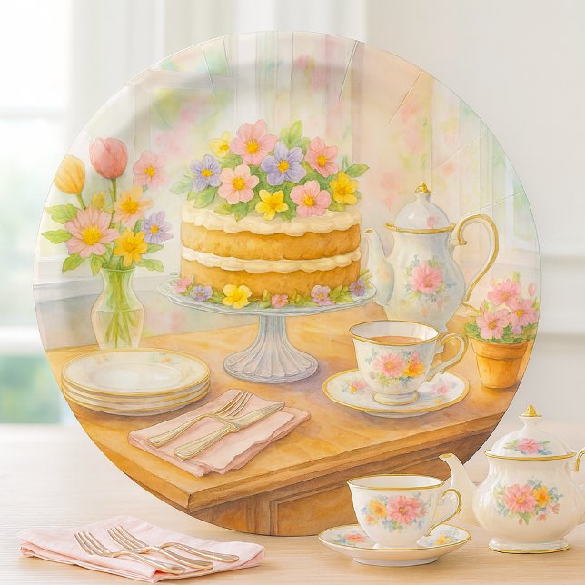 Prato De Papel Elegante Festa do Chá de Primavera (watercolor spring tea party paper plate mockup)