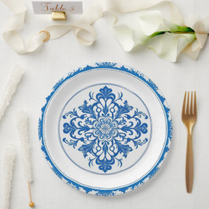 Prato De Papel Elegante Flor Azul Branca simples estilo chinoiser