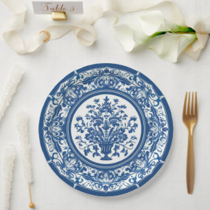 Prato De Papel Elegante flor azul branco simples estilo chinoiser