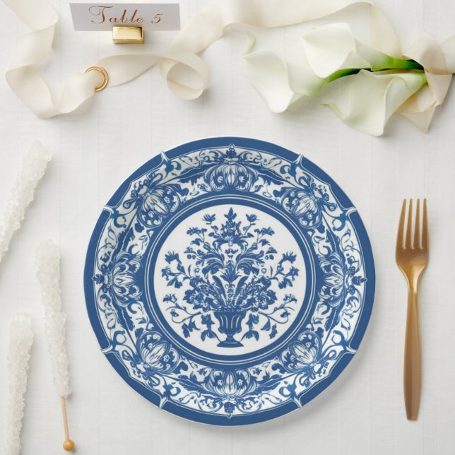 Prato De Papel Elegante flor azul branco simples estilo chinoiser (Casamento)