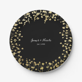 Prato De Papel Elegante Flor de Bebê Dourada Preto