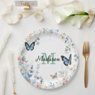 Prato De Papel elegante Flor Silvestre Verde Boho Monograma Em Fl
