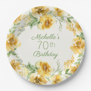 Prato De Papel Elegante Floral Aquarela Amarela Aniversário de 70