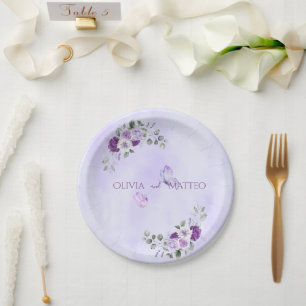 Prato De Papel Elegante Floral Aquarela Roxo