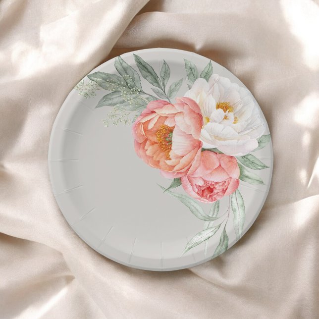 Prato De Papel Elegante Floral Aquático em Tons de Pêssego e Marf (Criador carregado)