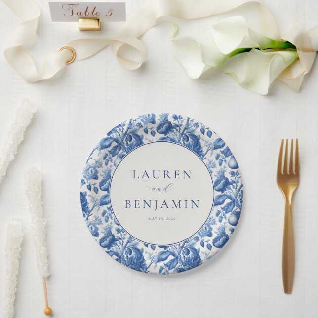 Prato De Papel Elegante Floral Azul (Casamento)