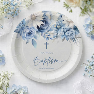 Prato De Papel Elegante Floral Azul Poeirento Batismo
