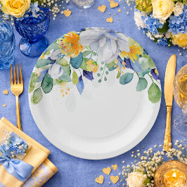 Prato De Papel Elegante floral casamento em aquarela amarela e az