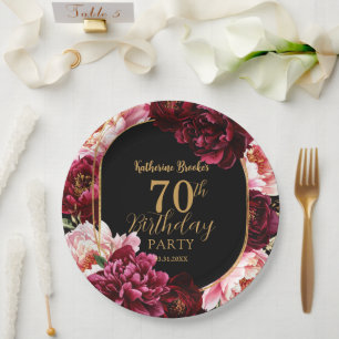Prato De Papel Elegante Floral de Aniversário em Borgonha e Rosa