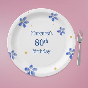 Prato De Papel Elegante Floral de Aquarela Azul Minimalista