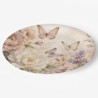 Prato De Papel Elegante Floral e Borboleta em Aquarela