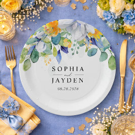 Prato De Papel Elegante floral em aquarela amarela e azul para ca
