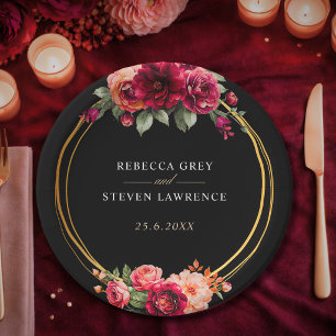 Prato De Papel Elegante floral vermelho preto sombrio Casamento r