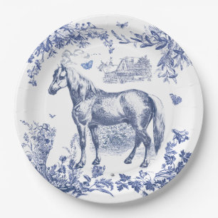 Prato De Papel Elegante Floral Vintage Azul Branco Cavalo