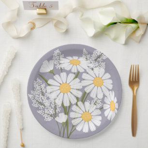 Prato De Papel Elegante Floral White Daisies na Lavanda