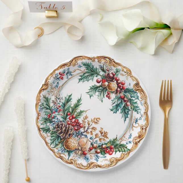 Prato De Papel Elegante Folhagem Rococó para Jantar de Feriado  (Casamento)