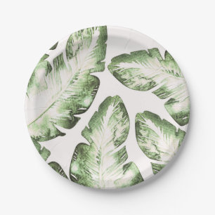 Prato De Papel Elegante Folhas de Praia Tropical Verde Branco Cas