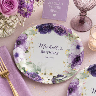 Prato De Papel Elegante Glitter Floral Branco Roxo Aniversário No