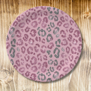 Prato De Papel Elegante Glitter Leopardo Rosa Prata em Dourado Ro