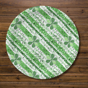 Prato De Papel Elegante Glitter Shamrock Listras Verde e Branco