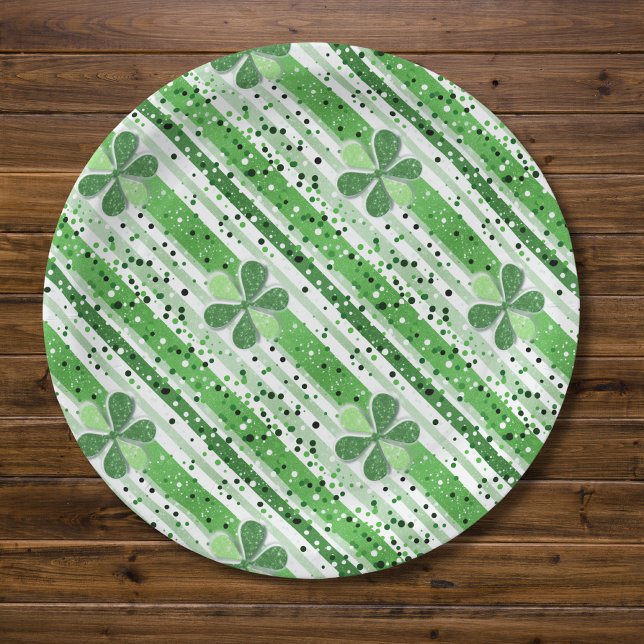 Prato De Papel Elegante Glitter Shamrock Listras Verde e Branco (Criador carregado)