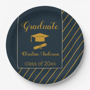 Prato De Papel elegante gorro de graduação dourado azul marinho s