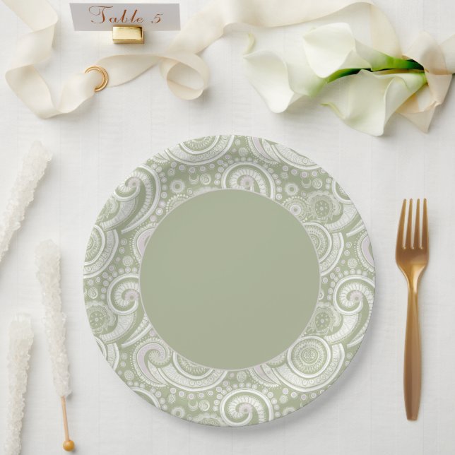 Prato De Papel Elegante Green Paisley Border (Casamento)