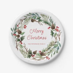 Prato De Papel Elegante Greenery Holly Berry Wreath Script