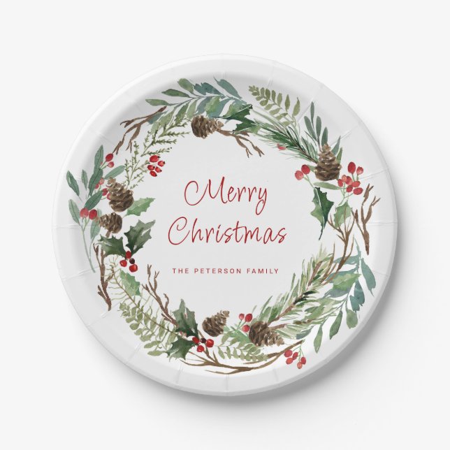 Prato De Papel Elegante Greenery Holly Berry Wreath | Script (Frente)