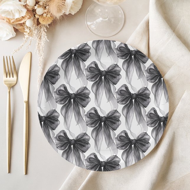Prato De Papel Elegante Laço Coquette Preto Moderno (Criador carregado)