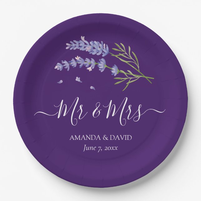 Prato De Papel Elegante Lavanda Roxo Moderno Sr. e Sra. Wedding (Frente)