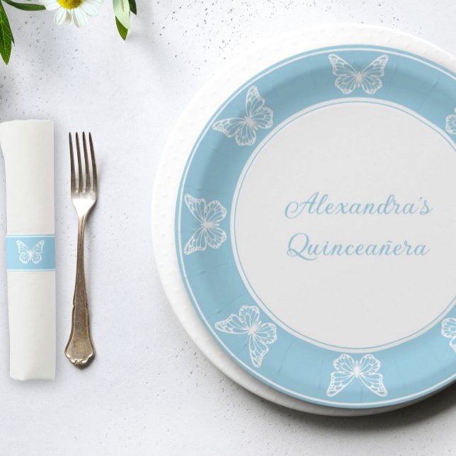 Prato De Papel Elegante Light Blue Quinceañera - Butterfly Classy (Light blue quince decor - Disposable food plates)