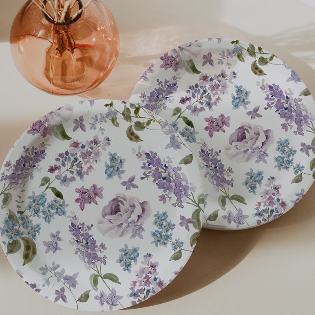 Prato De Papel Elegante Lilac Wedding (Elegant Lilac Floral Wedding Paper Plates by Painted Paperie
)