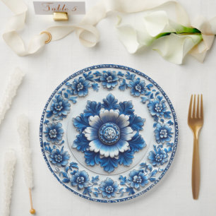 Prato De Papel Elegante Louça Floral Azul Inspirada