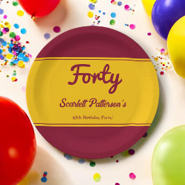 Prato De Papel Elegante Luxúria Borgonha E aniversário de 40 anos